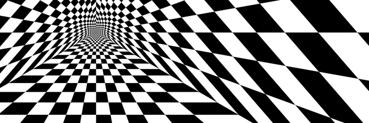 Obraz premium Abstract Black and White Pattern with Tunnel. Contrasty Optical Psychedelic Illusion. Smooth Checkered Spiral and Chessboard in Perspective. Raster. 3D Illustration