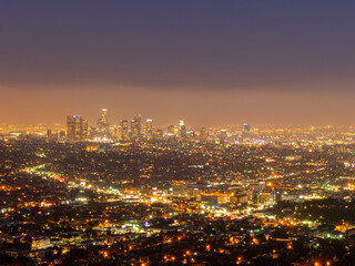 Fototapeta premium Night high angle view of the Los Angeles downtown