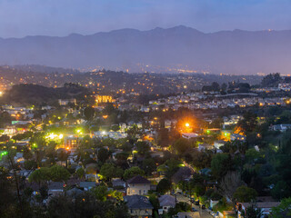 Night high angle view of the Los Angeles downtown