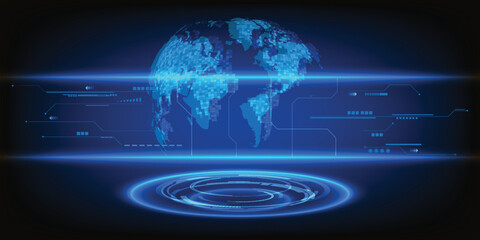 Vector illustrations of blue horizontal with futuristic digital globe and curved platform or pedestal for layout and showcase.Digital technology advertising and game graphic artwork.