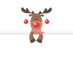 Vector Funny and Cute Cartoon Christmas Deer Wear Christmas Red Scarf and Balls. Kids Greeting New Year Holiday and Christmas Card. Peeking Holiday Deer Character with Banner, Signboard