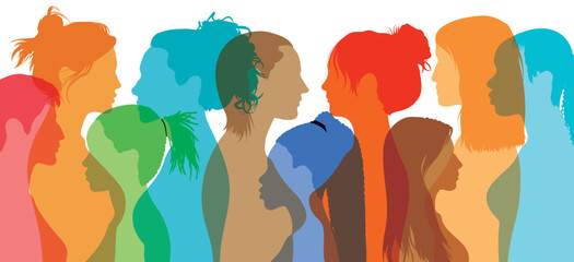 Female community or social network. Group of diverse and multicultural women. The concept of racial equality. Sharing, talking, and allies between women.