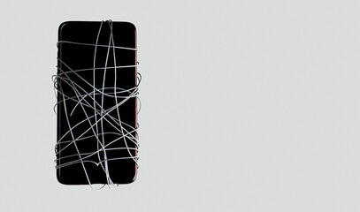 tangled wire in smartphone, gray-green background, censorship of social networks. cancel cultural...