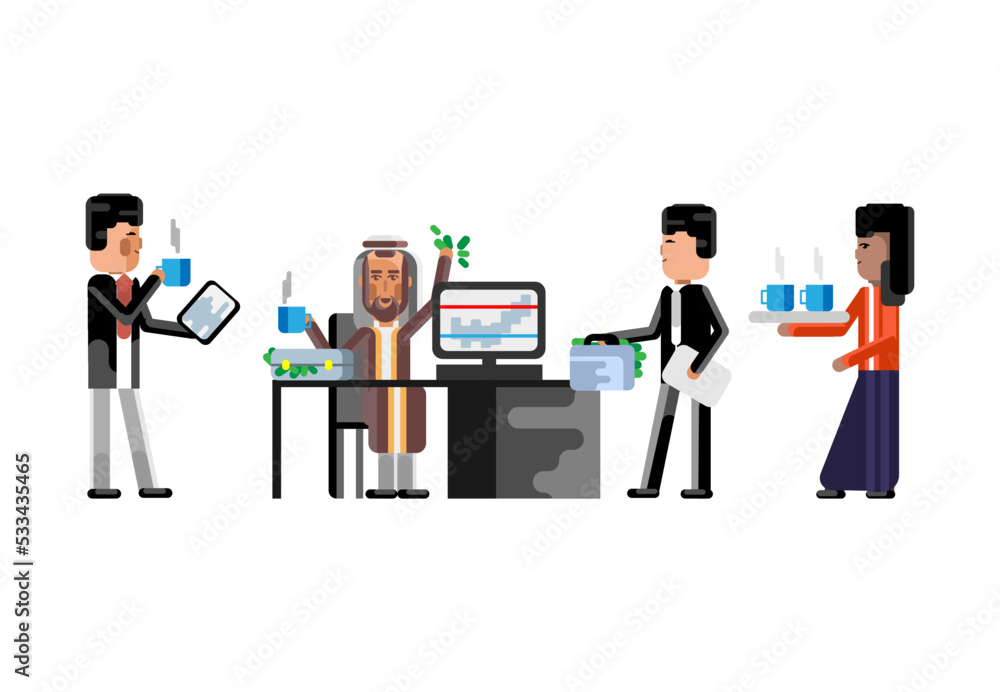 Poster Business meeting arab businessman with asian investor, indian secretary with coffee cups, man with tablet pc. Corporate multiethnic business people isolated vector illustration.