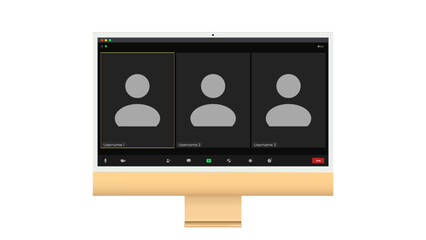 Video conference user interface, Three users. Video conference calls window overlay on desktop, video chat UI elements, webinar, online meeting. Vector illustration