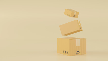 3D render of pile of stacked realistic cardboard brown delivery boxes mockup on brown background. delivery cargo box with fragile care sign symbol, handling with care. Parcel packaging template.