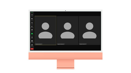 Video conference user interface, Three users. Video conference calls window overlay on desktop, video chat UI elements, webinar, online meeting. Vector illustration