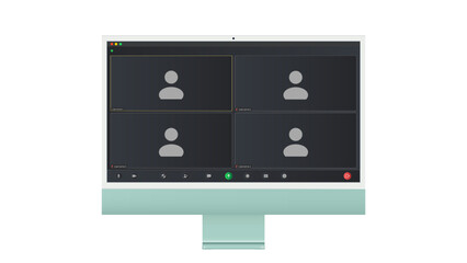 Video conference user interface, Four users. Video conference calls window overlay on desktop, video chat UI elements, webinar, online meeting. Vector illustration