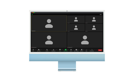 Video conference user interface, Seven users. Video conference calls window overlay on desktop, video chat UI elements, webinar, online meeting. Vector illustration