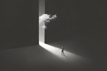 Illustration of man walking out of the darkness toward the light, surreal abstract concept - 533435678