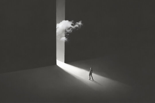 Illustration of man walking out of the darkness toward the light, surreal abstract concept