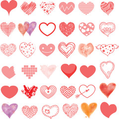 Vector hand drawn collection of grunge Valentine hearts on white background.