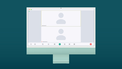 Video conference user interface, two users. Video conference calls window overlay on desktop, video chat UI elements, webinar, online meeting. Vector illustration