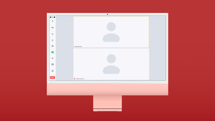 Video conference user interface, two users. Video conference calls window overlay on desktop, video chat UI elements, webinar, online meeting. Vector illustration