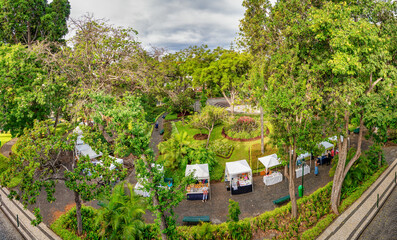 Jardim Municipal do Funchal with market stands in Maderira, Portugal