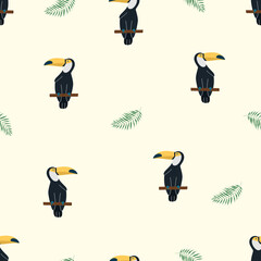 Seamless cartoon toucan pattern and tropical palm leaves. Jungle and birds background. Vector illustration print for textiles, wallpaper, packaging.