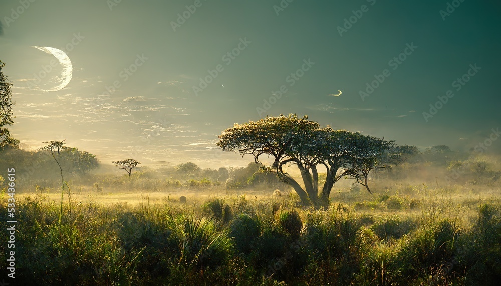 Sticker African landscape in the early morning with the moon in the sky, with acacia trees and green grass 3d illustration