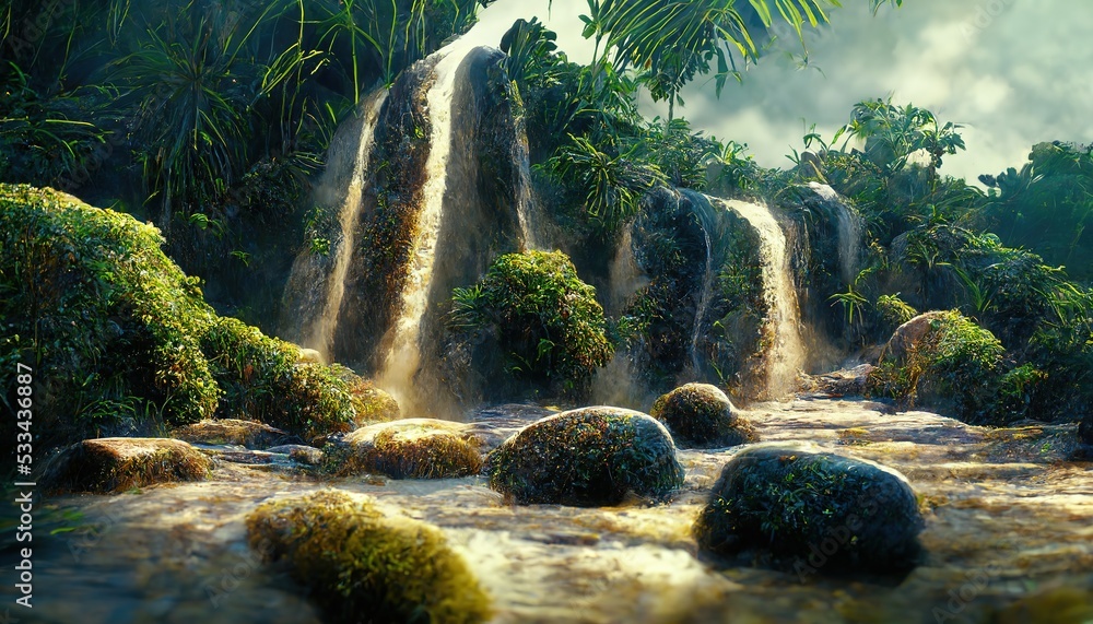 Poster landscape of the green jungle with a waterfall that flows down from a high cliff into the river 3d i