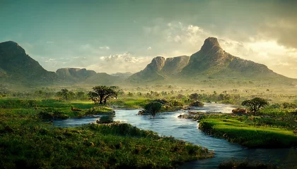 Foto op Aluminium Landscape of Africa with a river, trees and mountains on the horizon under a cloudy sky 3d illustration © Zaleman