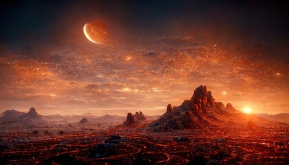 Alien planet landscape with orange earth, mountains, stars in the sky 3d illustration