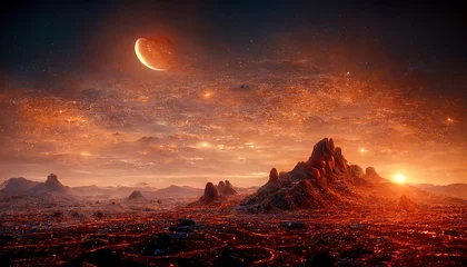 Foto op Plexiglas Buitenaards planeetlandschap met oranje aarde, bergen, sterren aan de hemel 3d illustratie © Zaleman