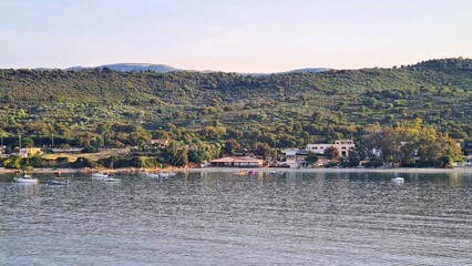 Naklejka premium Panorama from sea to the coast of the French island of Corsica in the summer of 2022