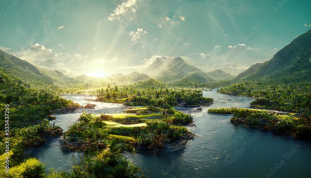 Poster Mountain valley with lake, forest, trees and sun in blue sky 3d illustration