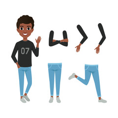 Full length portrait of African American boy in casual clothes with legs and arms collection. Cute boy character creation, constructor for animation cartoon vector illustration