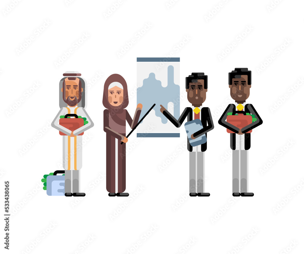 Wall mural Multiethnic business team doing presentation near whiteboard, african and arab investors with money suitcases. Corporate multicultural business people isolated vector illustration.