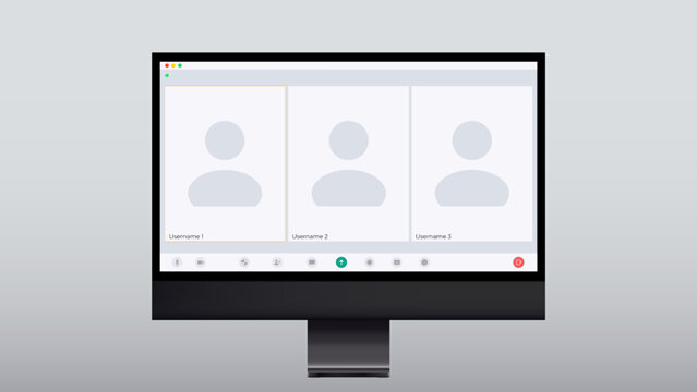 Video call screen template with buttons. Video call interface. Vector page of the workspace. Application for social communication. Video conference. Layout of video conferences and online meetings. Ve