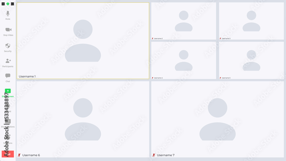 Poster template video conference user interface, video conference calls window overlay.seven users. vector 