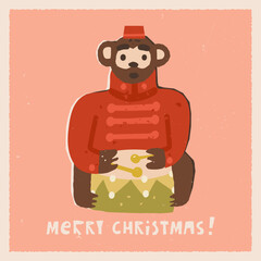 Merry Christmas funny retro greeting card. A retro toy of a monkey beating a drum and hand lettering.