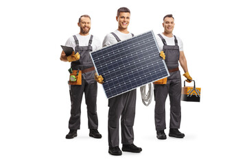 Team of technicians with a solar panel and tools