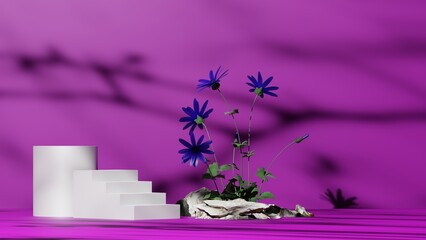Natural purple backdrop with white podium mockup or pedestal and beauty flower, empty platform for product showcase and presentation, 3d rendering