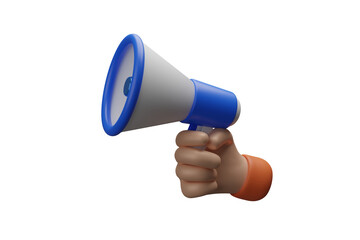 3D Cartoon hand holding megaphone media marketing on transparent background. Concept of information, creativity, social issues, rumors. promotion advertising loudspeaker. 3d rendering illustration