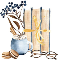 Hand drawing cozy winter composition with berries, cookie, books, coffee, glasses, isolated on transparent background