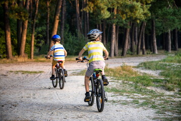 Family in the park on bicycles. two sibling brothers kids boys compete in riding. view from back