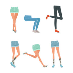 Legs in jeans and shorts posing in different positions set. Teenage body parts constructor for animation cartoon vector illustration