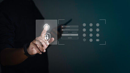 businessman scanning fingerprint and biometric authentication, processing of biometric for access personal data. surveillance and security scanning of digital programs cyber futuristic applications.