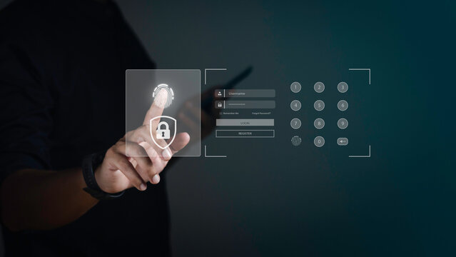 businessman scanning fingerprint and biometric authentication, processing of biometric for access personal data. surveillance and security scanning of digital programs cyber futuristic applications.