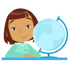 Fototapeta premium Asian girl studying and sitting next to the globe