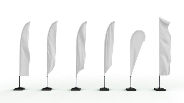 White Blank Expo Banner Stand beach flag. Trade show expo event booth. 3d render isolated on transaparent template mockup for your expo design.