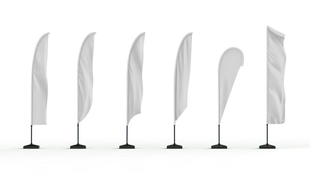 White Blank Expo Banner Stand beach flag. Trade show expo event booth. 3d render isolated on transaparent template mockup for your expo design.