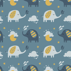 Seamless cute vector pattern with elephants, clouds, moon