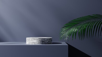 natural leaf and dark backdrop with white marble podium mockup or pedestal, empty platform for product showcase and presentation, 3D rendering