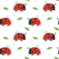 Seamless cute vector floral spring pattern with insects, ladybug, leaves, plants