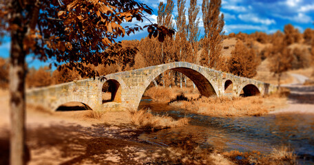 Obraz premium Puente romano sobre el río en un paisaje otoñal. Hermoso puente de piedra antiguo en un bosque otoñal al atardecer. Arquitectura otomana cerca de la ciudad de Teruel, Aragón,España.