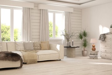 Fototapeta premium White living room with sofa. Scandinavian interior design. 3D illustration