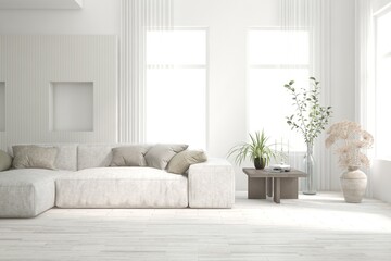 Fototapeta premium White living room with sofa. Scandinavian interior design. 3D illustration