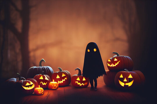 Creepy Little Black Ghost With Jack O' Lantern. 3d Illustration